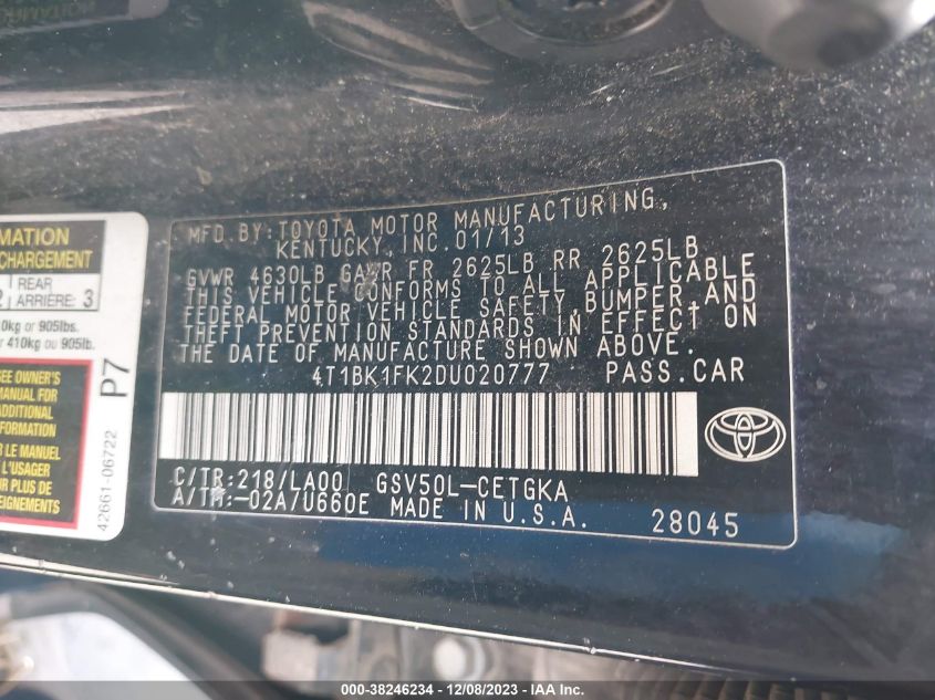 2013 TOYOTA CAMRY XLE V6 - 4T1BK1FK2DU020777