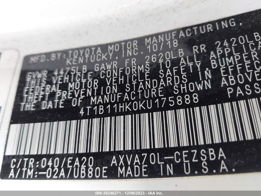 2019 TOYOTA CAMRY SE - 4T1B11HK0KU175888