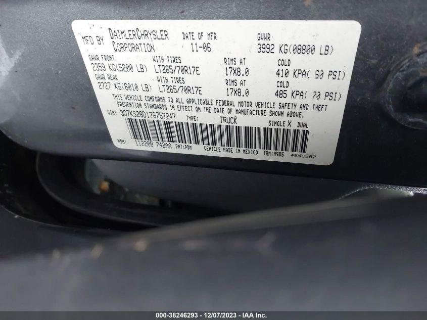 3D7KS28D17G757247 | 2007 DODGE RAM 2500