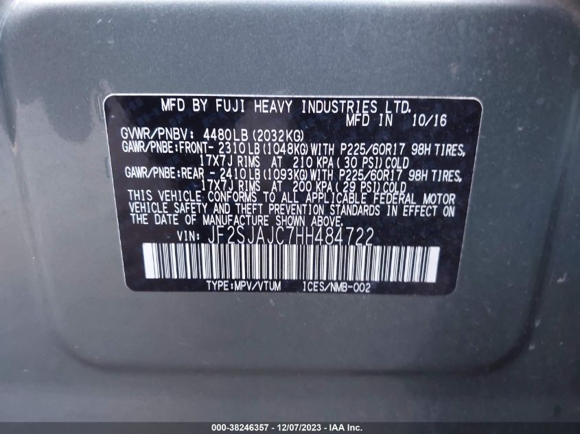 2017 SUBARU FORESTER 2.5I LIMITED - JF2SJAJC7HH484722
