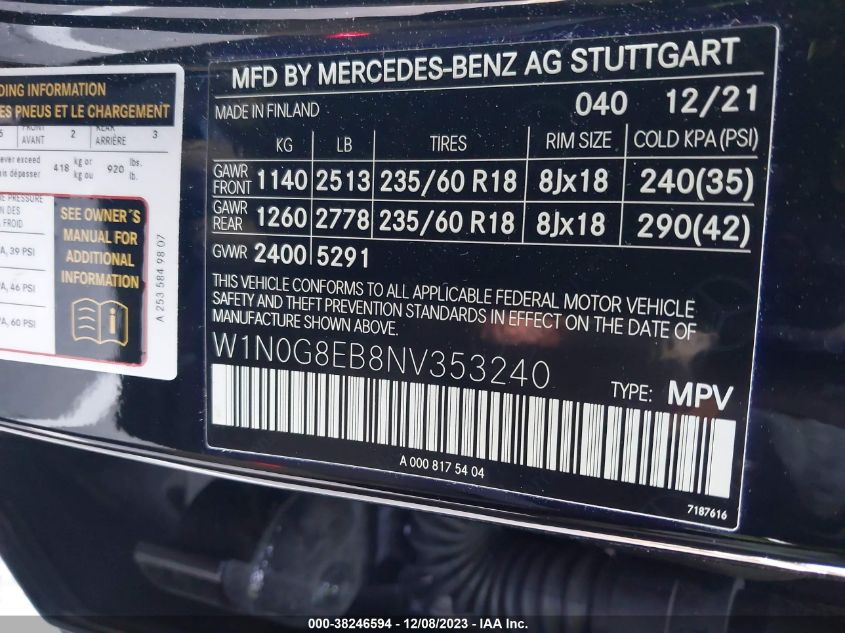 2022 MERCEDES-BENZ GLC 300 SUV - W1N0G8EB8NV353240