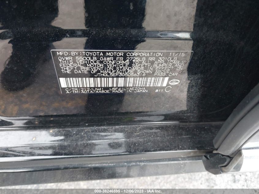 2016 LEXUS LS 460 L JTHGL5EF3G5056316