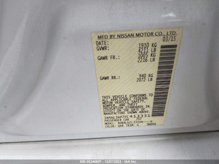 2015 NISSAN ALTIMA 2.5 S - 1N4AL3AP7FC413331