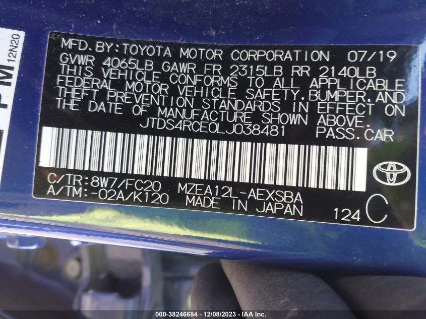 2020 TOYOTA COROLLA SE - JTDS4RCE0LJ038481