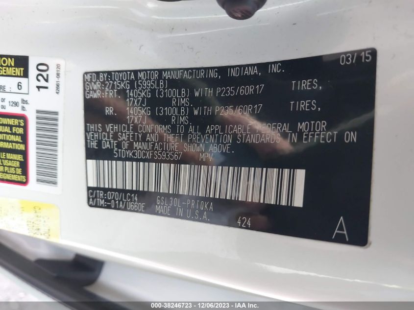 5TDYK3DCXFS593567 2015 TOYOTA SIENNA, photo no. 9