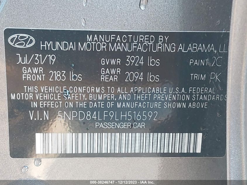 2020 HYUNDAI ELANTRA LIMITED - 5NPD84LF9LH516592