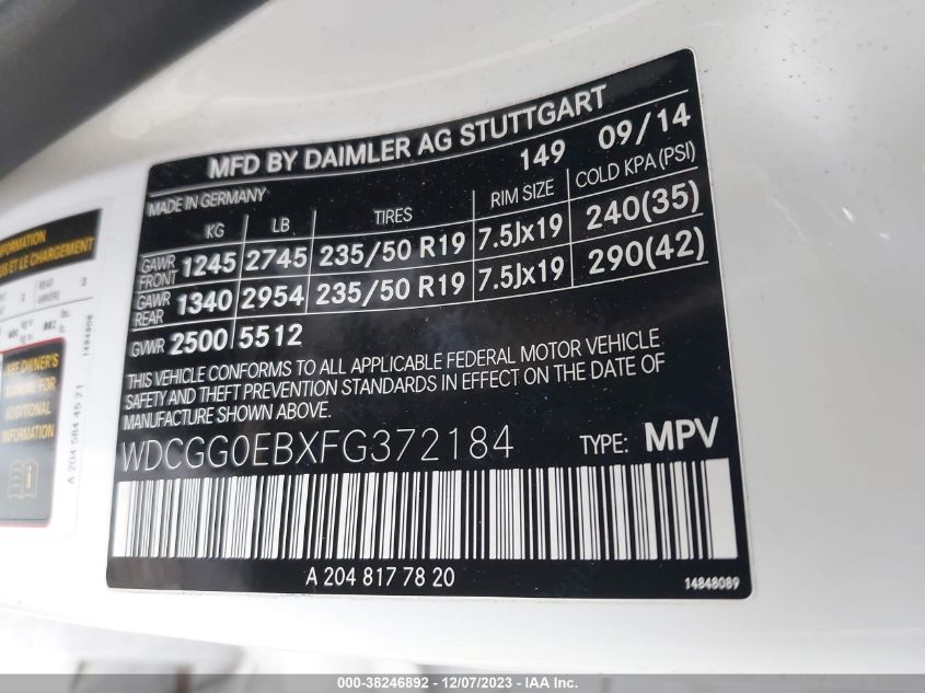 2015 MERCEDES-BENZ GLK 250 BLUETEC WDCGG0EBXFG372184