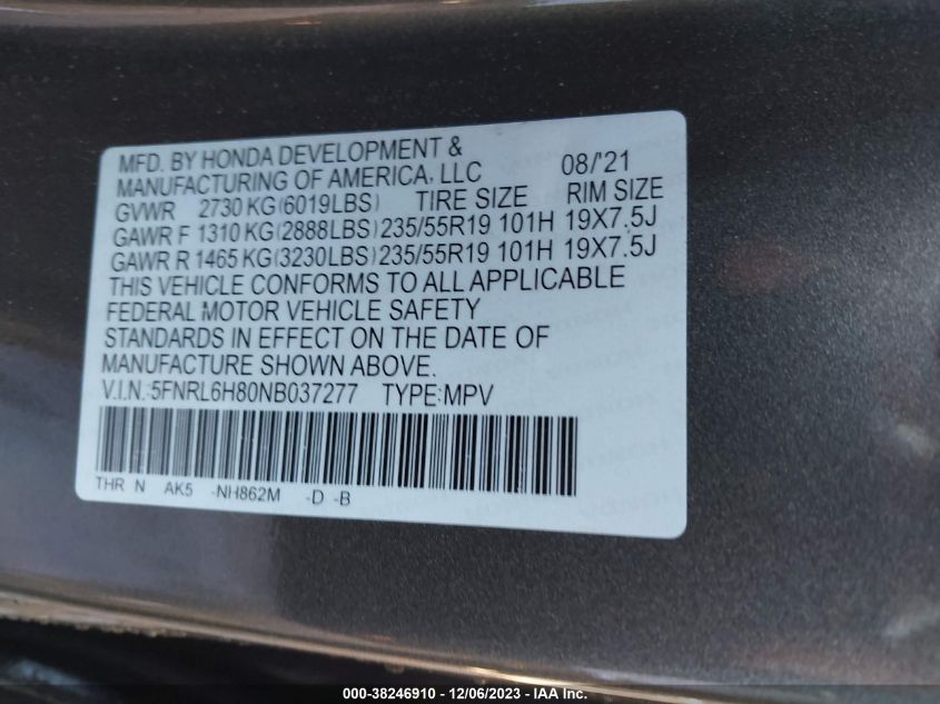 5FNRL6H80NB037277 2022 HONDA ODYSSEY, photo no. 9