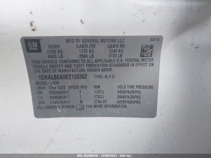 2014 CHEVROLET EQUINOX LT - 1GNALBEK8EZ130362