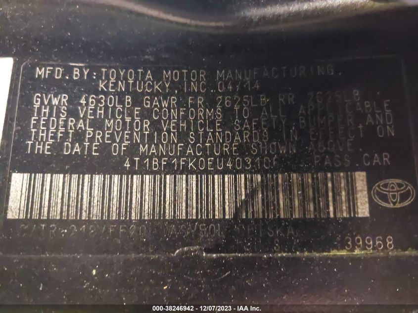 2014 TOYOTA CAMRY SE - 4T1BF1FK0EU403106
