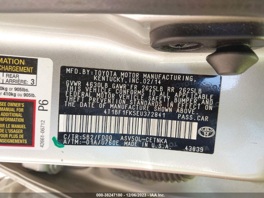 2014 TOYOTA CAMRY L/SE/LE/XLE - 4T1BF1FK5EU372841
