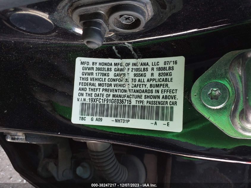 2016 HONDA CIVIC TOURING - 19XFC1F91GE036715