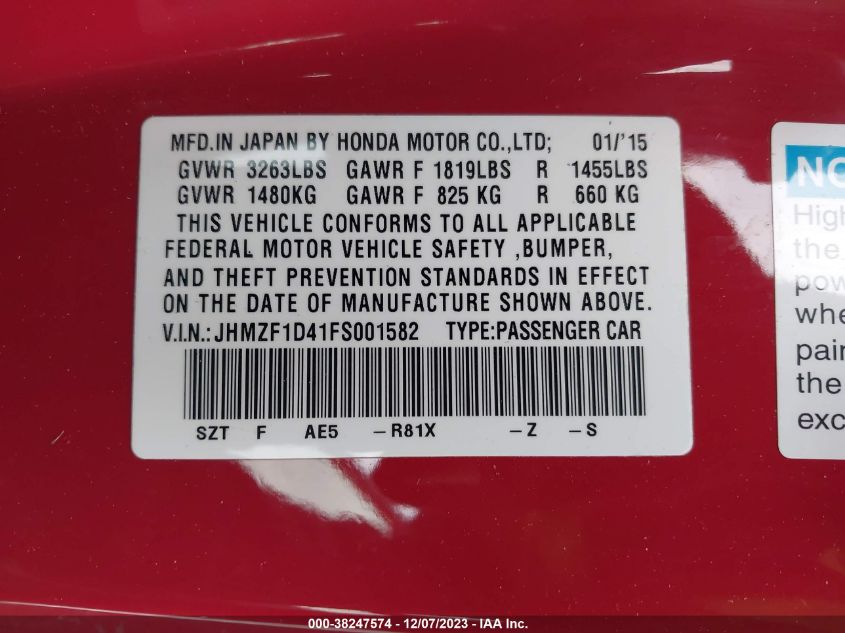 2015 HONDA CR-Z - JHMZF1D41FS001582