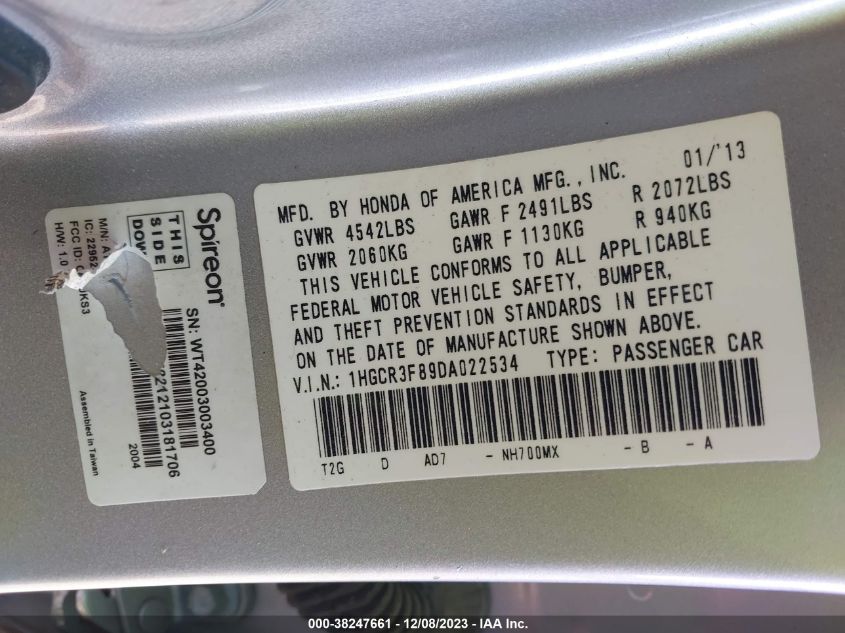 2013 HONDA ACCORD EX-L V-6 - 1HGCR3F89DA022534