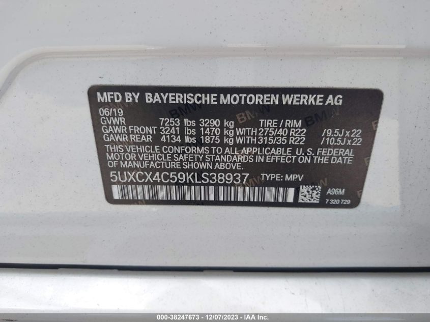 2019 BMW X7 XDRIVE50I 5UXCX4C59KLS38937