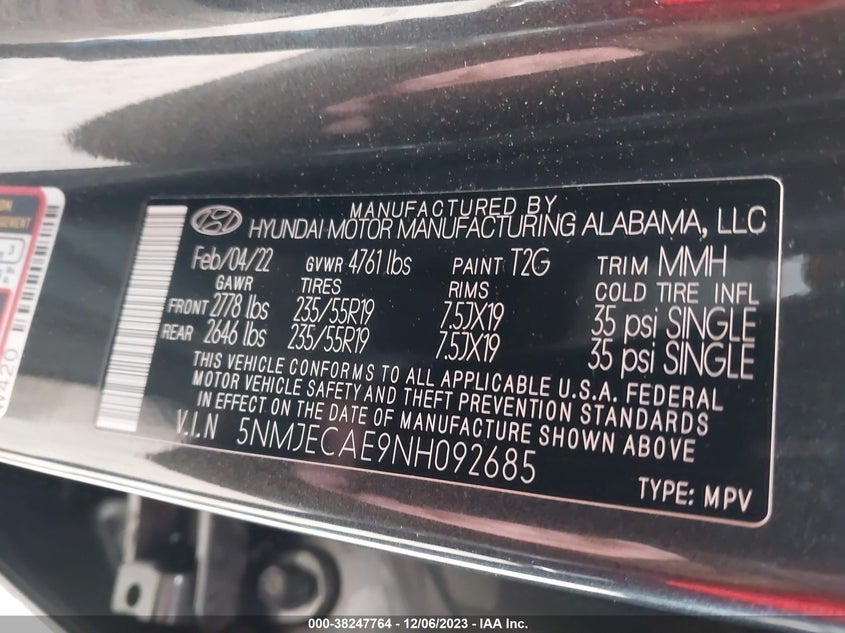 VIN 5NMJECAE9NH092685 2022 HYUNDAI TUCSON LIMITED