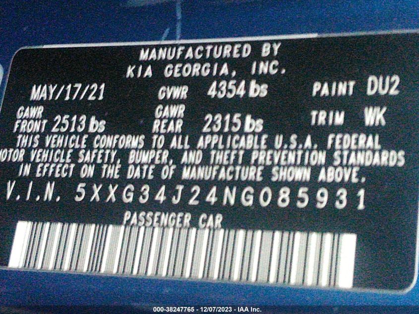 2022 KIA K5 EX - 5XXG34J24NG085931