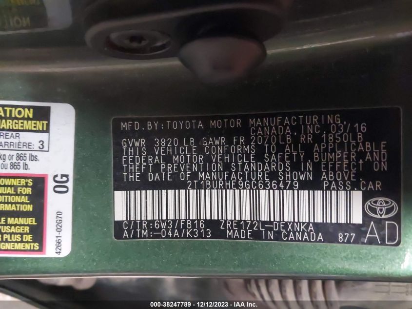 2016 TOYOTA COROLLA L/LE/LE PLS/PRM/S/S PLS - 2T1BURHE9GC636479