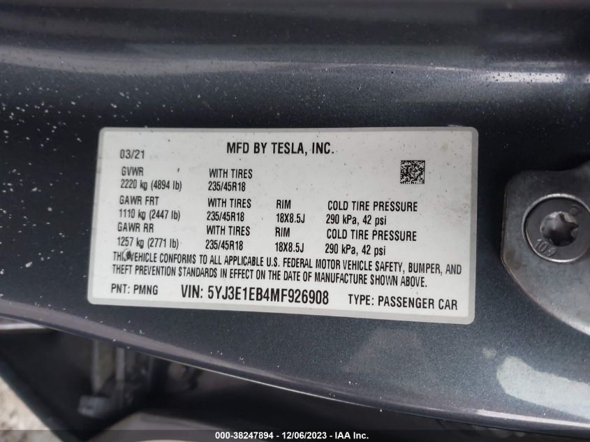 2021 TESLA MODEL 3 - 5YJ3E1EB4MF926908