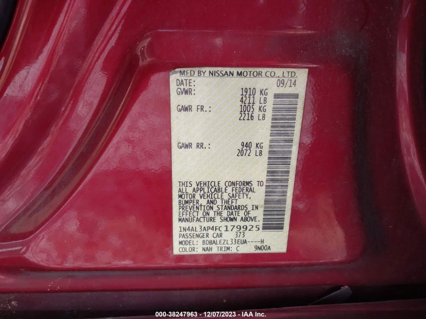 2015 NISSAN ALTIMA 2.5/S/SV/SL - 1N4AL3AP4FC179925