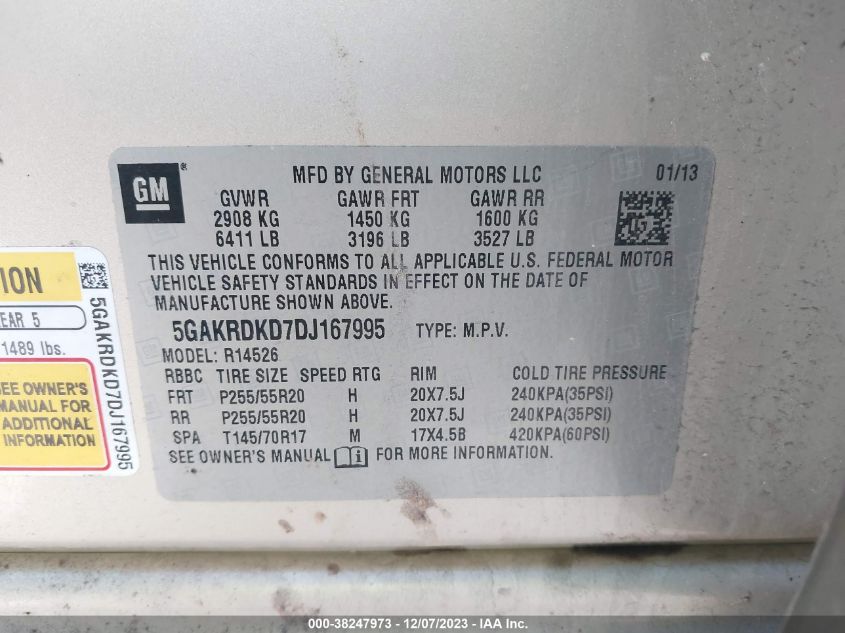2013 BUICK ENCLAVE PREMIUM - 5GAKRDKD7DJ167995