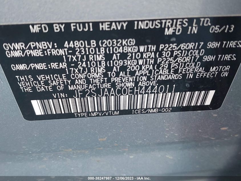 2014 SUBARU FORESTER 2.5I - JF2SJAAC0EH444011