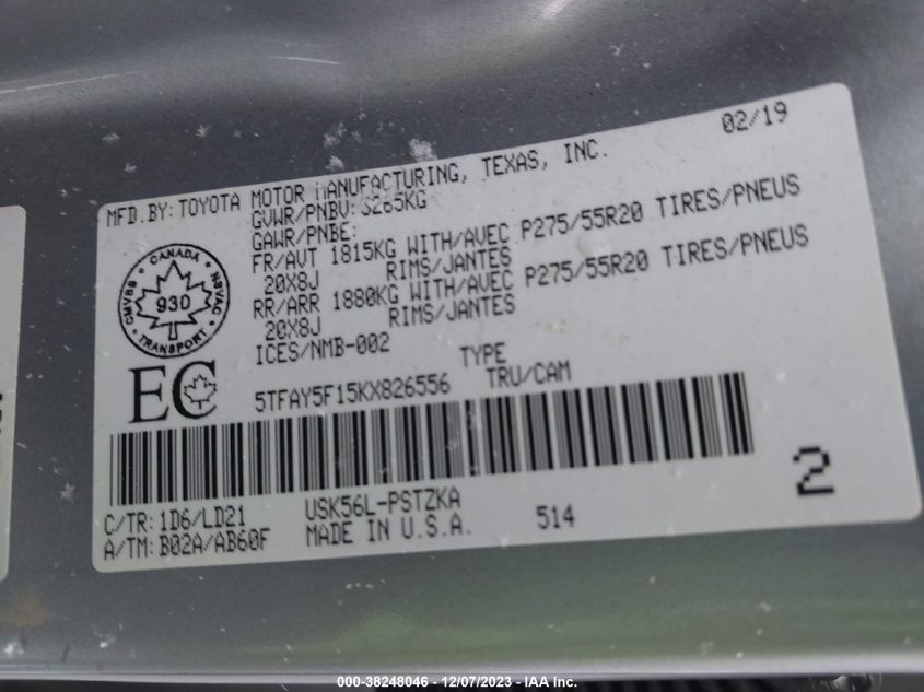 2019 TOYOTA TUNDRA CREWMAX 1794/CREWMAX PLAT - 5TFAY5F15KX826556