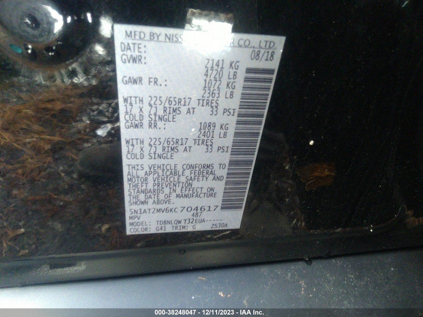 VIN 5N1AT2MV6KC704617 2019 NISSAN ROGUE S/SL/SV