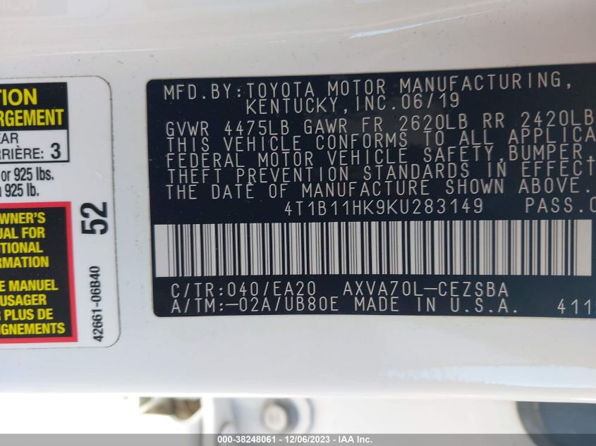2019 TOYOTA CAMRY L/LE/XLE/SE/XSE - 4T1B11HK9KU283149