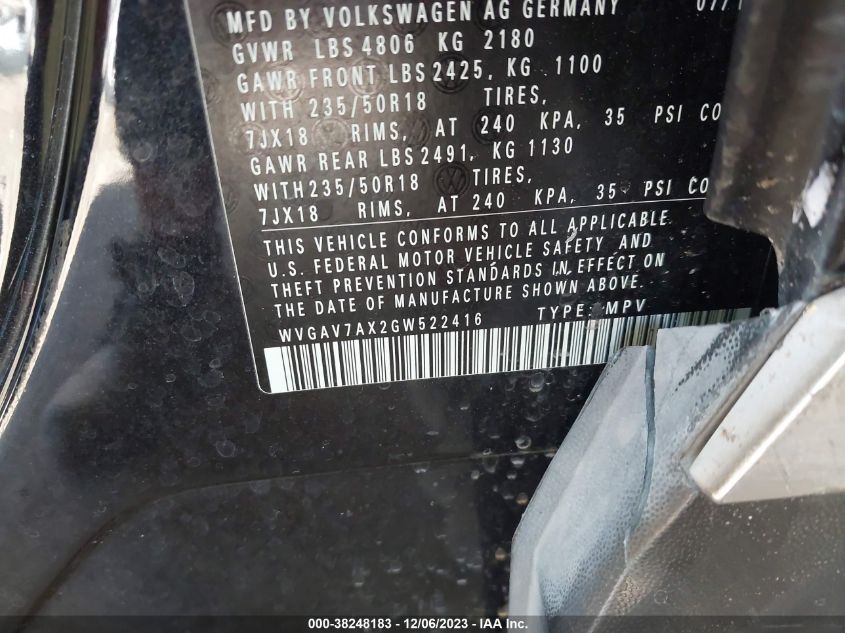 2016 VOLKSWAGEN TIGUAN S/SE/SEL/R-LINE - WVGAV7AX2GW522416