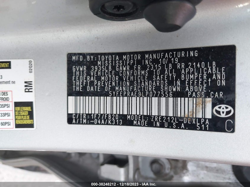 VIN 5YFEPRAE9LP077556 2020 TOYOTA COROLLA LE