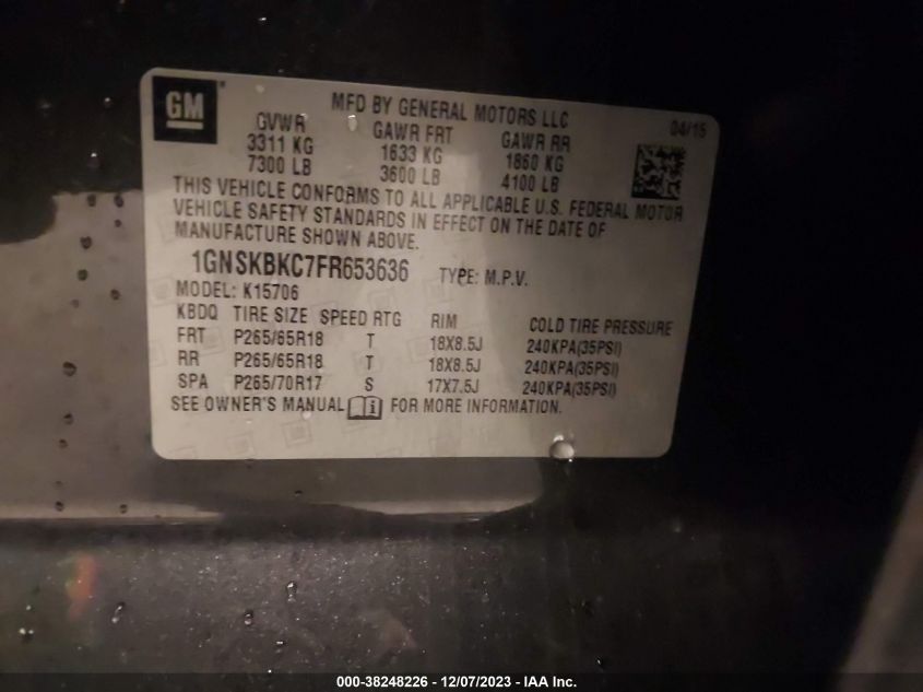 2015 CHEVROLET TAHOE K1500 LT - 1GNSKBKC7FR653636