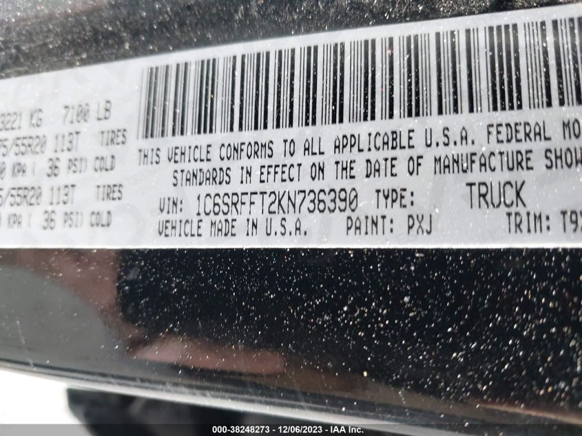 2019 RAM 1500 BIG HORN/LONE STAR - 1C6SRFFT2KN736390