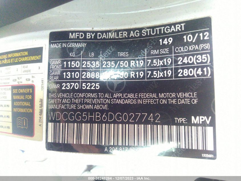 2013 MERCEDES-BENZ GLK 350 WDCGG5HB6DG027742