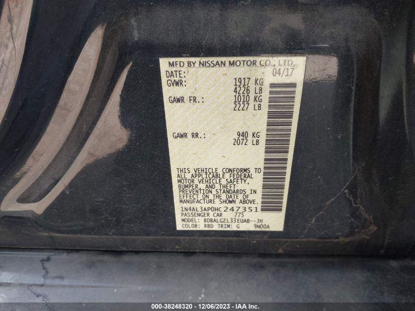 2017 NISSAN ALTIMA 2.5/S/SV/SL/SR - 1N4AL3AP0HC247351