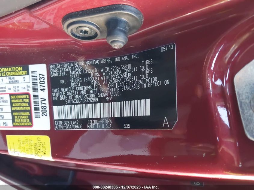 2013 TOYOTA SIENNA XLE/LIMITED - 5TDYK3DC1DS376969