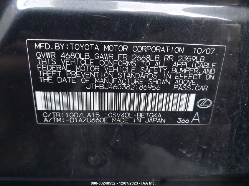 JTHBJ46G382186956 | 2008 LEXUS ES 350