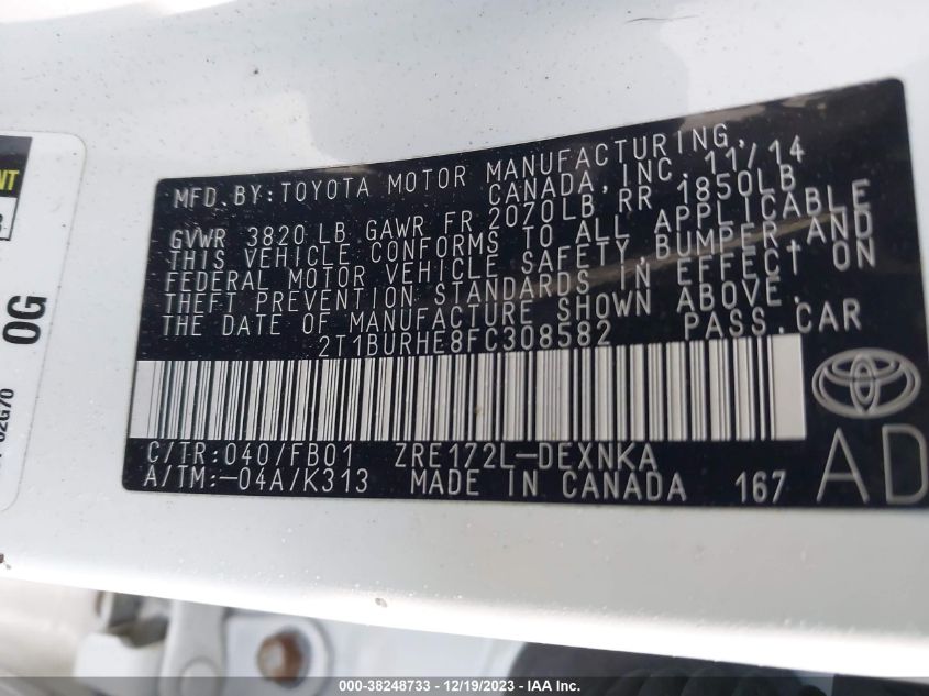 2015 TOYOTA COROLLA LE - 2T1BURHE8FC308582