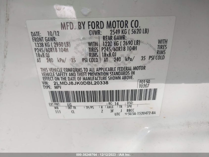 2013 LINCOLN MKX - 2LMDJ8JK0DBL20338