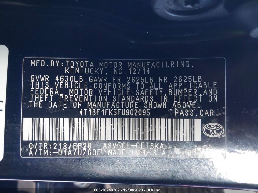 2015 TOYOTA CAMRY LE/XLE/SE/XSE - 4T1BF1FK5FU902095