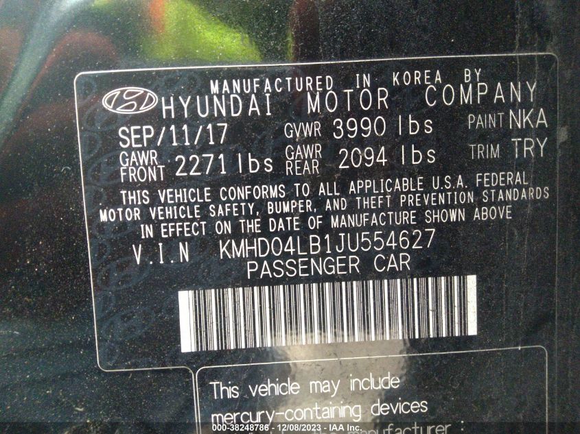 2018 HYUNDAI ELANTRA SPORT - KMHD04LB1JU554627