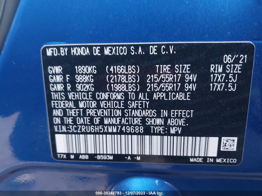 VIN 3CZRU6H5XMM749688 2021 HONDA HR-V EX
