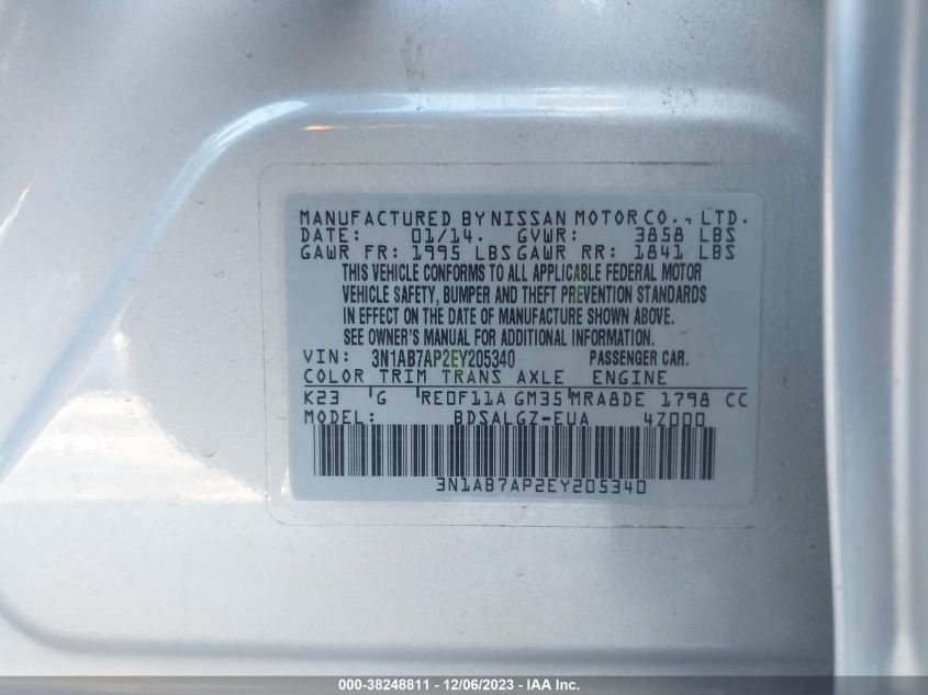 2014 NISSAN SENTRA S/SV/SR/SL - 3N1AB7AP2EY205340