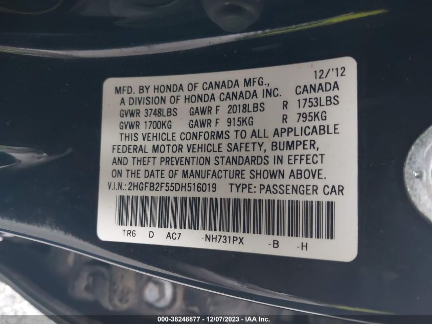 2013 HONDA CIVIC LX - 2HGFB2F55DH516019