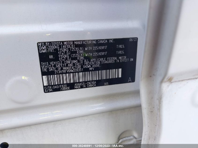 2022 TOYOTA RAV4 LE - 2T3H1RFV6NW209351