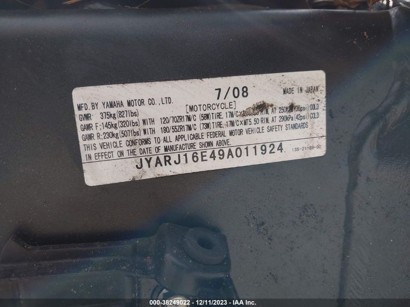 2009 YAMAHA YZFR6 - JYARJ16E49A011924