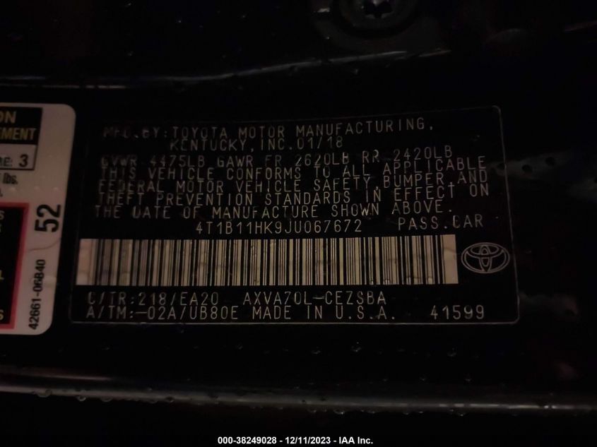 2018 TOYOTA CAMRY L/LE/XLE/SE/XSE - 4T1B11HK9JU067672