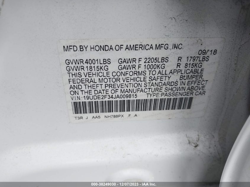 2018 ACURA ILX ACURAWATCH PLUS PACKAGE - 19UDE2F34JA009815