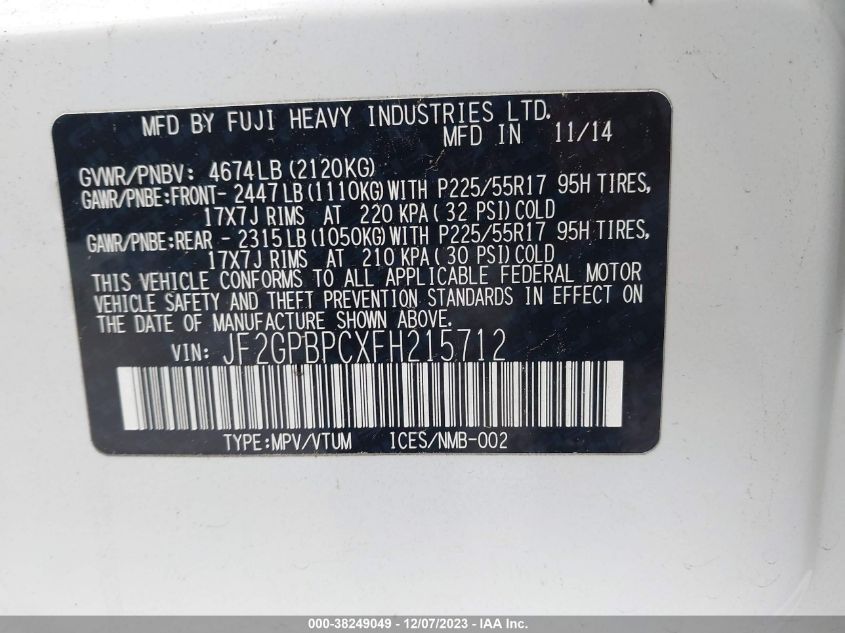 2015 SUBARU XV CROSSTREK HYBRID TOURING JF2GPBPCXFH215712