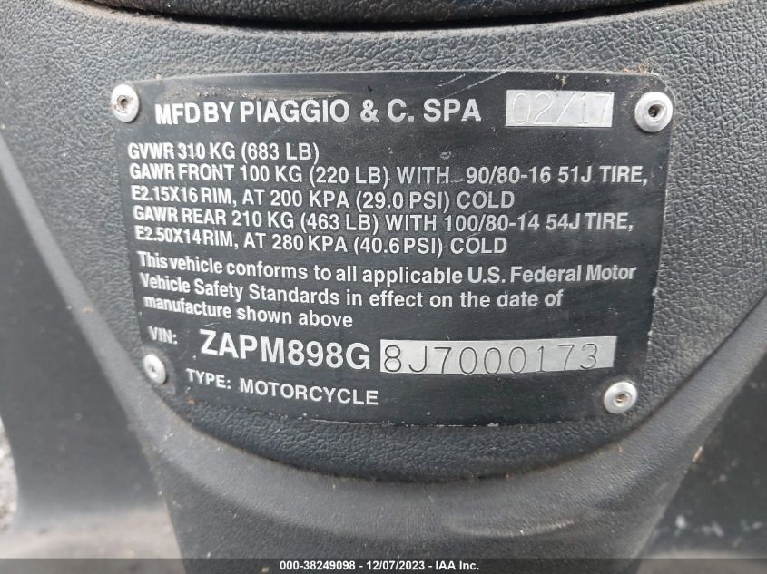 2018 VESPA SPRINT 150 3V ZAPM898G8J7000173